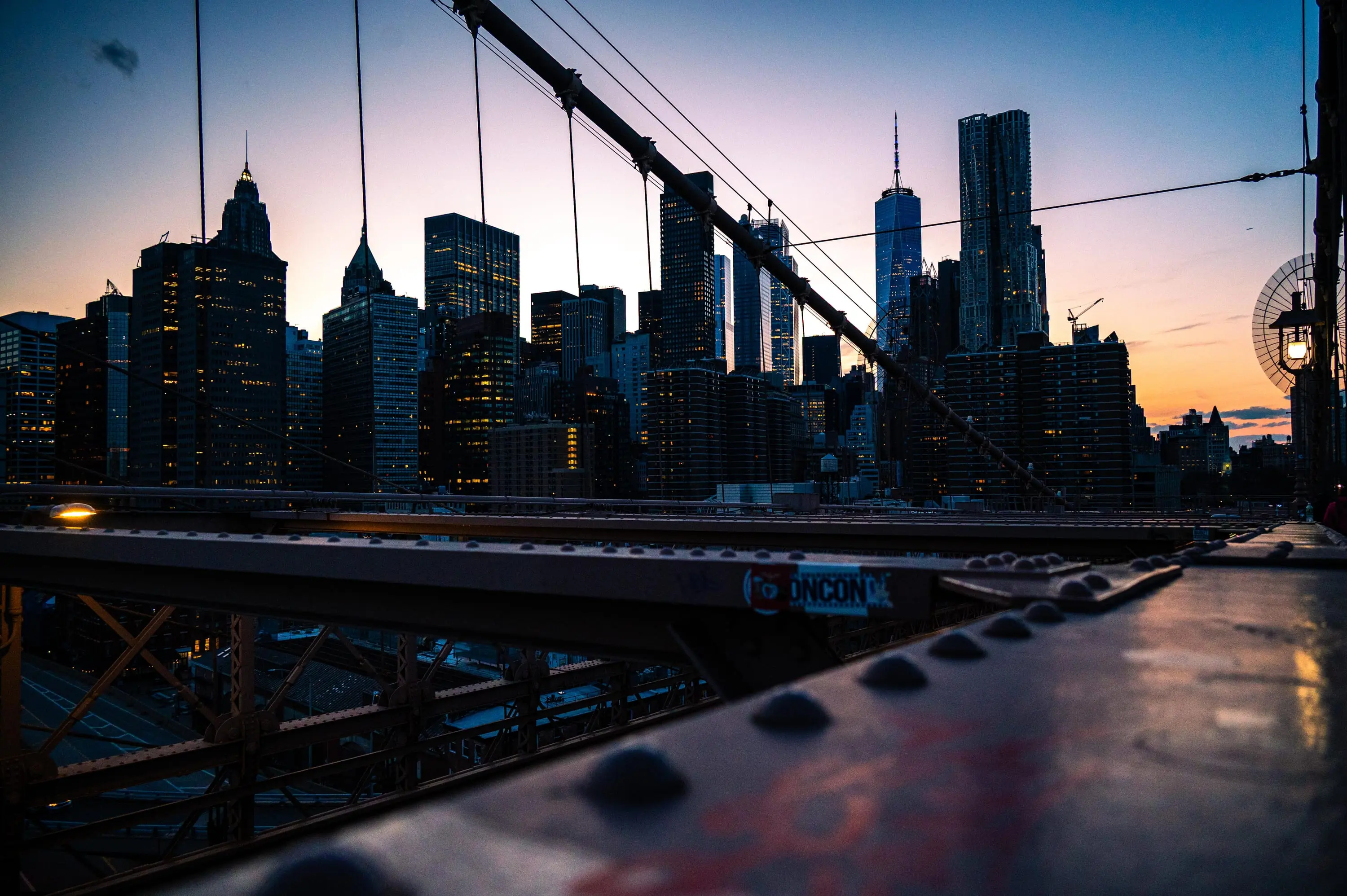 Manhattan at night, skyline lights above the East River